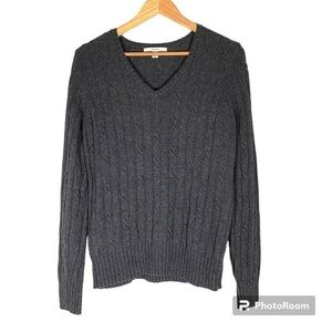 MERONA Classic Dark Gray V-Neck Cable Knit Sweater Angora Cashmere Lambswool XL